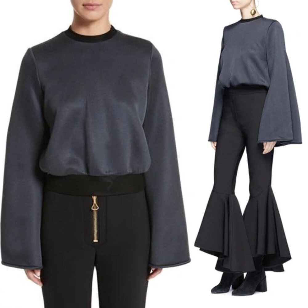 NWT Ellerly Immortal Flare Sleeve Sweater Charcoal Navy Sz 12 Crewneck Rib Trim